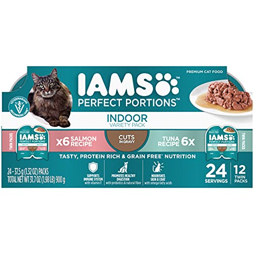 Book Cover IAMS PERFECT PORTIONS Indoor Adult Grain Free* Wet Cat Food Cuts in Gravy Variety Pack, Tuna Recipe and Salmon Recipe, . Easy Peel Twin-Pack Trays,2.6 oz,Pack of 12