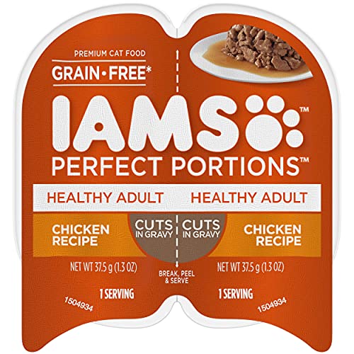 Book Cover IAMS PERFECT PORTIONS Healthy Adult Grain Free* Wet Cat Food Cuts in Gravy, Chicken Recipe, (24) 2.6 oz. Easy Peel Twin-Pack Trays