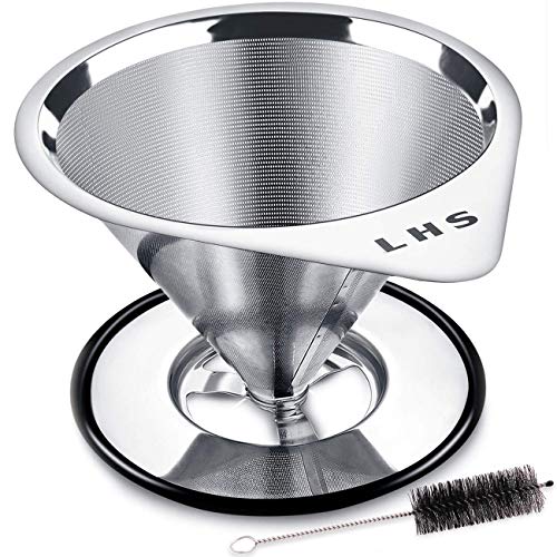 Book Cover Pour Over Coffee Dripper Stainless Steel LHS Slow Drip Coffee Filter Metal Cone Paperless Reusable Single Cup Coffee Maker 1-2 Cup With Non-slip Cup Stand and Cleaning Brush
