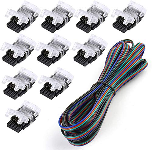 Book Cover SUPERNIGHT 10 Pack 4 Pin LED Connector for Waterproof 10mm RGB 5050 LED Strip Lights, Strip to Wire Quick Connection Without Stripping, Include UL Listed 16.4ft 22 Gauge 4 Conductor Extension Cable