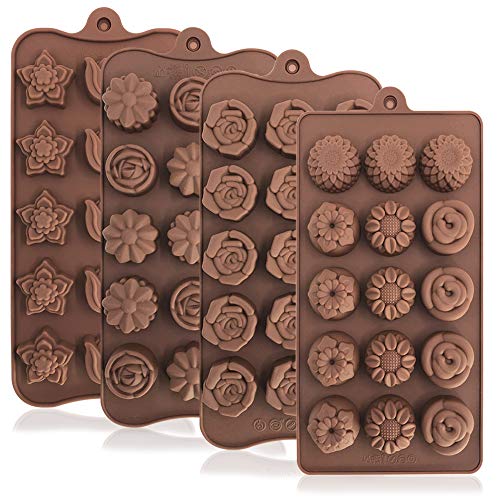 Book Cover 4 Pack Flower Shape Silicone Molds Chocolate Candy Mold, DanziX Silicone Mold for Wedding,Festival, Parties, DIY Enthusiasts-15 Cavity