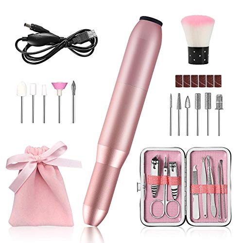 Book Cover SYNERKY Electric Nail Drill Electrical Nail File Kit for Acrylic/Gel Nails, Hand piece File Grinder Manicure Pedicure Tools with 11 PCS Nail Drill Bits and Sanding Bands Home Beauty Salon (Pink)
