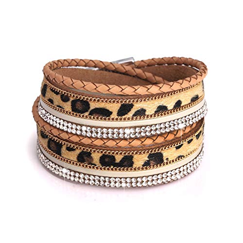 Book Cover PHALIN Leather Wrap Bracelet for Women Crystal Wide Cuff Bracelets Multi-Layer Leopard Bangles Wristbands for Girls