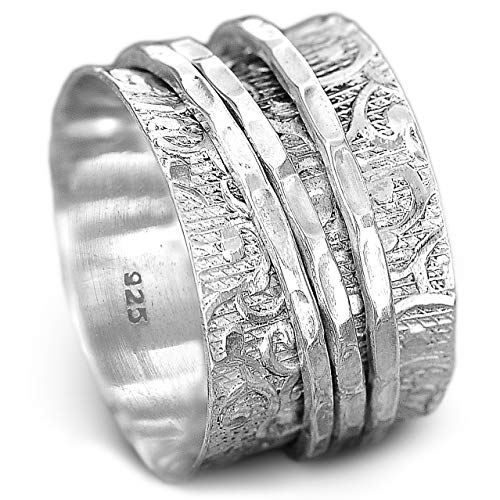 Book Cover Boho-Magic 925 Sterling Silver Spinner Ring for Women | 3 Spinning Rings Bands | Fidget Meditation Anxiety | Wide Statement Chunky Jewelry Size 7-10.5
