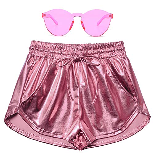 Book Cover Perfashion Women's Pink Metallic Shorts Summer Shiny Yoga Elastic Waist Pants Matching with Glasses