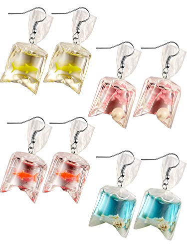 Book Cover 4 Pairs Funny Acrylic Goldfish and Starfish Earrings, Water Bag Shape Dangle Hook Earrings for Girls Women (Style1)