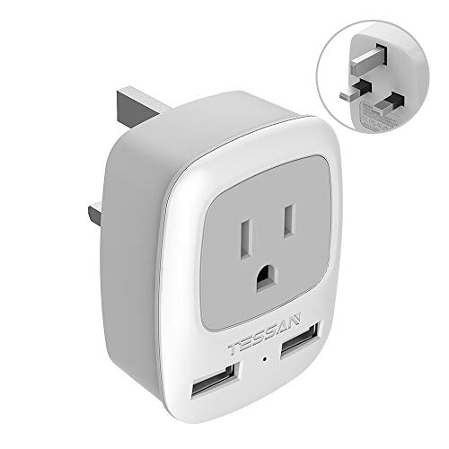 Book Cover UK Ireland Hong Kong Power Adapter, TESSAN International Travel Plug with 2 USB, 3 in 1 Outlet Adaptor for USA to British England Scotland Irish (Type G)