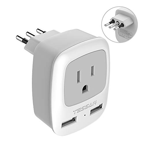 Book Cover TESSAN Italy Travel Power Adapter, 3 Prong Grounded Plug with Dual USB Charging Ports, Type L Outlet Adaptor Charger for USA to Italy Uruguay Chile Italian