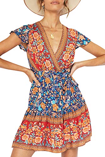 Book Cover ZESICA Womenâ€™s Summer Wrap V Neck Bohemian Floral Print Ruffle Swing A Line Beach Mini Dress