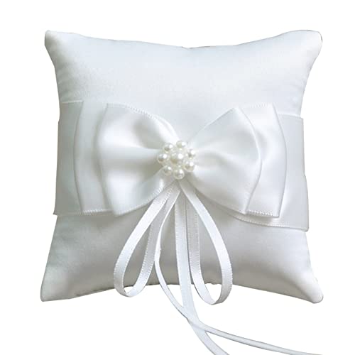 Book Cover Little World Ring Pillow Pearls, Decor Bridal Wedding Ivory Ring Bearer Pillow, 7.8 Inch x 7.8 Inch (White)
