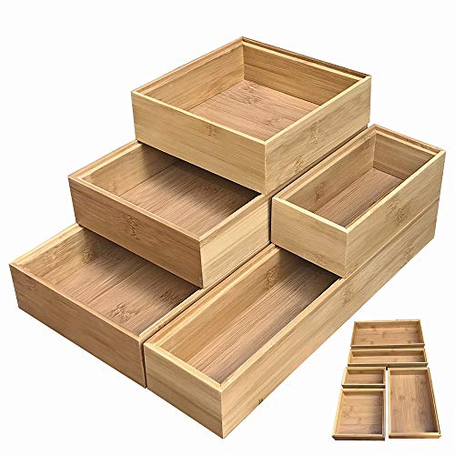 Book Cover Simhoo Bamboo Stackable Drawer Organizer and Desk Storage Box/Tray for Office Supplies,Junk,Crafts,Sewing Small Daily Use Articles 5 Boxes adjustable Organization(1sets)