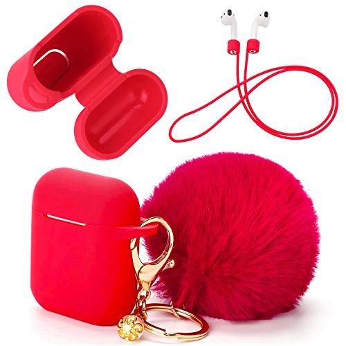 Book Cover Protective Silicone Cover Skin Compatible with Apple Airpods Charging â€“ Drop Proof Case Cover with Fluffy Pompom Keychain and Anti-Lost Strap Accessories Kit Compatible Airpod Charging Case (Red)