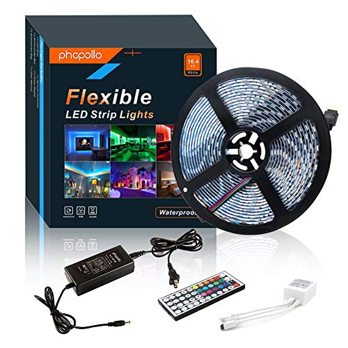 Book Cover Led Strip Light RGB Color Changing Waterproof 12V Flexible SMD 5050 300leds 16.4 ft 5m led Tape Light with 44 Keys IR Remote Controller for TV PC Home Outdoor Decoration and Power Supply