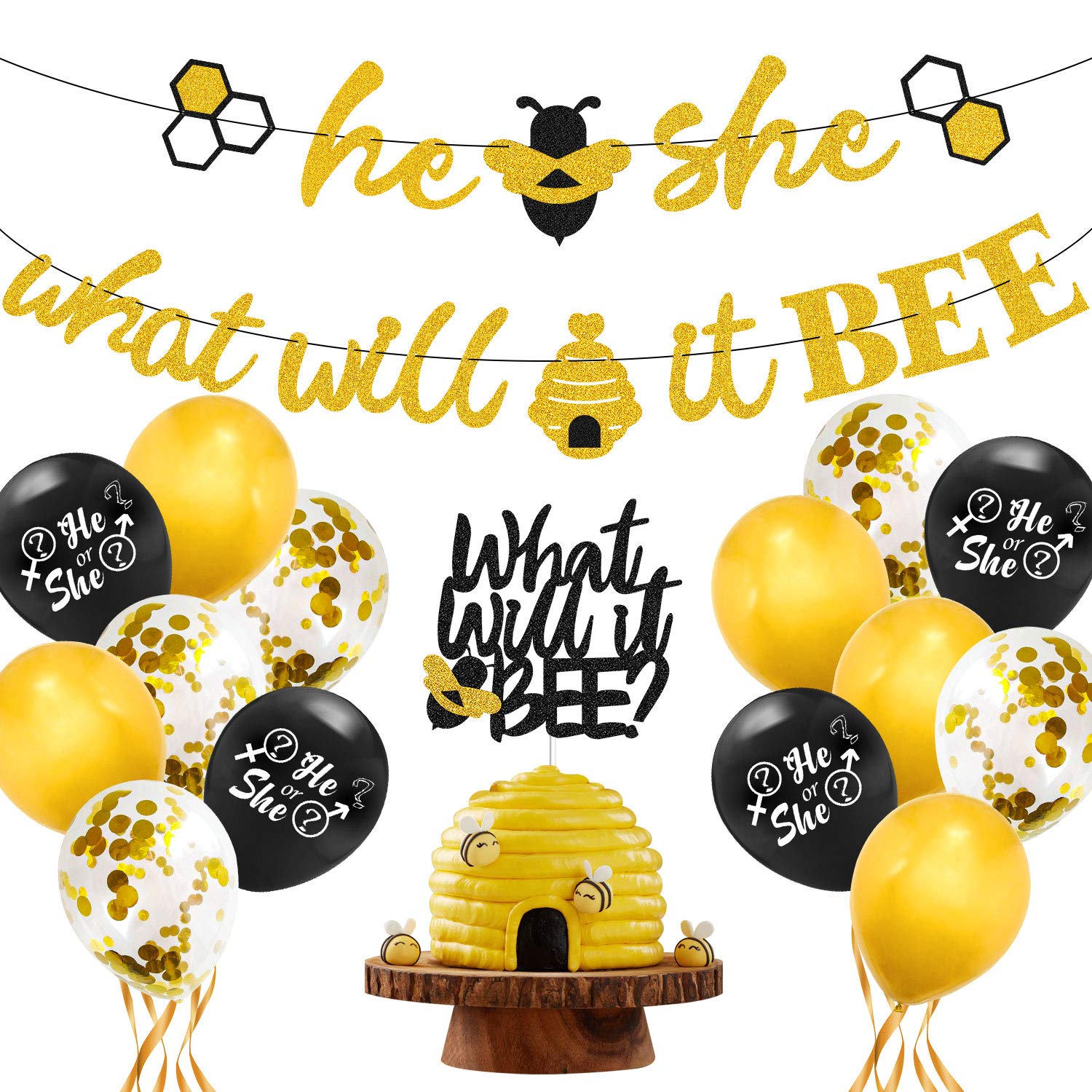 Book Cover What Will It Bee Gender Reveal Party Decorations Set - He or She Bee Banner,Bumble Bee Cake Topper,12