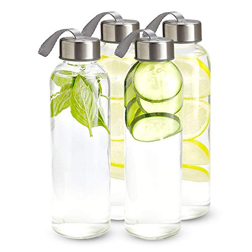 Book Cover 16 Ounce Glass Water Bottles, Reusable Water Bottles with Airtight, Pack of 4, Stainless Steel Lids Carrying Strap And Nylon Water Bottle Protective Sleeves for Hot Or Cold Drinks.