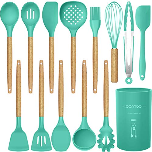 Book Cover 14 Pcs Silicone Cooking Utensils Kitchen Utensil Set - 446°F Heat Resistant,Turner Tongs,Spatula,Spoon,Brush,Whisk, Wooden Handles Teal Kitchen Gadgets Tools Set for Nonstick Cookware (BPA Free)