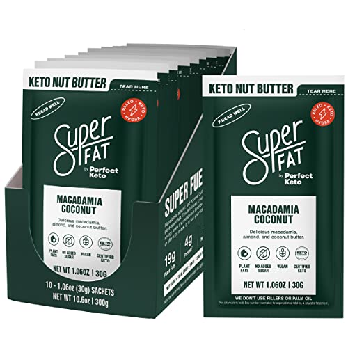 Book Cover SuperFat Nut Butter Keto Snacks - Macadamia & Almond Nut Butter Fat Bomb Paleo Snack For Energy, Metabolism & Brain Function, Gluten Free, Low Net Carb Box of 10 x 1.0 oz (Mac Coconut)