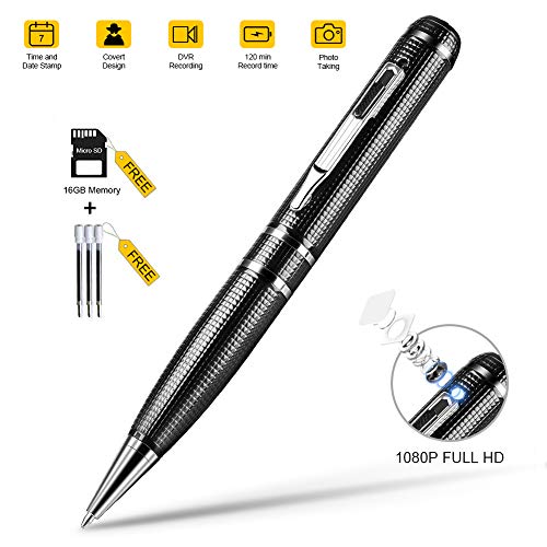 Book Cover Hidden Camera Pen, Spy Camera with Video, 16GB Memory and 120 Mins of Recordings Time, 1080P HD Covert Cam with 3 Replaceable Ink Refills for Business/Daily Activities, USB Port Aluminum Alloy Body