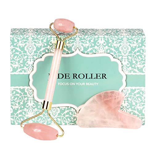 Book Cover Jade Rose Quartz Roller for Face 2 in 1 Gua Sha Set Including Rose Quartz Roller and Jade Face Massager 100% Real Natural Jade Facial Roller Anti Aging Face Roller Massager by Rayfarmo