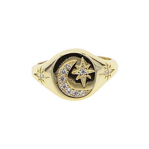 Book Cover ATJMLADYJEWELRY Classic women finger jewelry Gold plated moon star engraved star signet ring 6 7 8