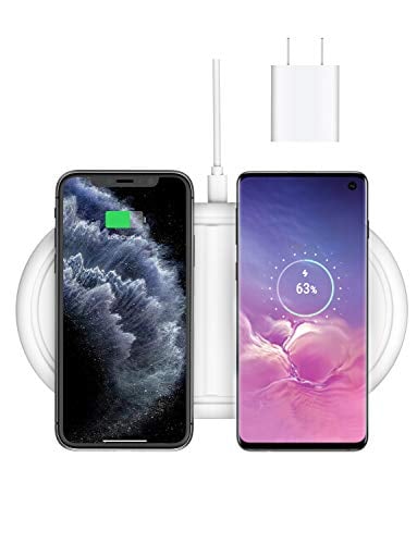 Book Cover Seneo Dual Fast Wireless Charger, Standard Charge for New Airpods/Galaxy Buds, 10W Qi Wireless Phone Charging Pad, Compatible iPhone X/Xs Max/XR/8/Galaxy S10/S9/Note 9 (with QC 3.0 Adapter)-White