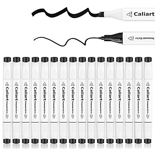 Book Cover Black Permanent Markers, Caliart 16 Pack Dual Tip Black Permanent Marker Pens, Fine Point & Chisel Tip, Waterproof Markers, Premium Smear Proof Pens, Quick Drying for Doodling, Great Back to School