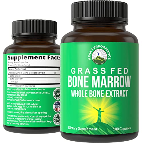 Book Cover Peak Performance Grass Fed Bone Marrow - Whole Bone Extract Supplement 180 Capsules Superfood Pills Rich in Collagen, Vitamins, Amino Acids. from Bone Matrix, Marrow, Cartilage. Ancestral Tablets