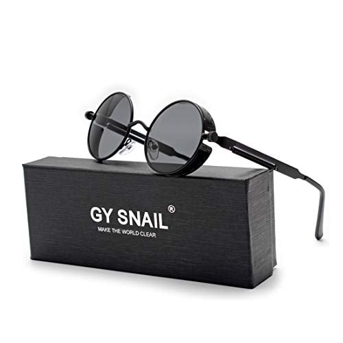 Book Cover GY snail Gothic Polarized Sunglasses for Men, Round Metal Frame, Retro Steampunk Sun Glasses Women, UV400 Protection Lens (Black frame/Black lens)