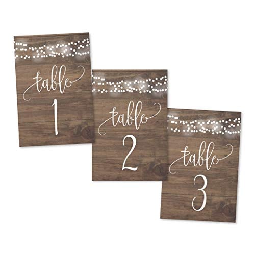 Book Cover 1-25 Rustic Wood Lights Table Number Double Sided Signs For Wedding Reception, Restaurant, Birthday Party Calligraphy Printed Numbered Card Centerpiece Decoration Setting Reusable Frame Stand 4x6 Size