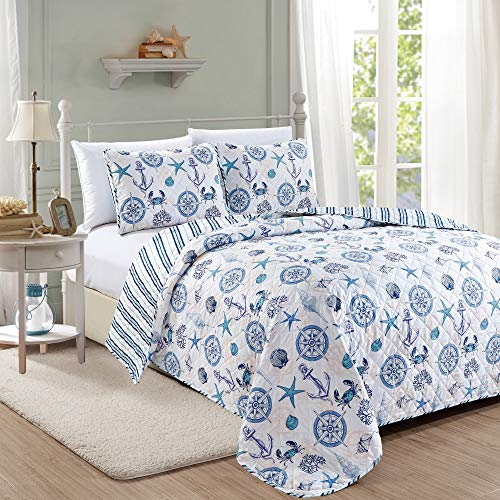 Book Cover Azure Coastal Collection 3 Piece Quilt Set with Shams. Reversible Beach Theme Bedspread Coverlet. Machine Washable. (Full / Queen)