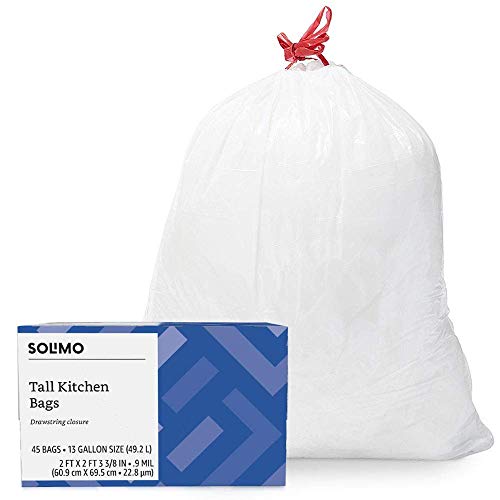 Book Cover Amazon Brand - Solimo Tall Kitchen Drawstring Trash Bags, 13 Gallon, 45 Count