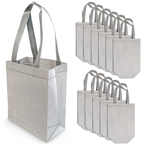 Book Cover Silver Gift Bags - 12 Pack Medium Silver Reusable Gift Bag Tote with Handles, Glitter Metallic Bling Shimmer, Eco Friendly for Kids Birthdays, Bridesmaids, Party Favors, Grocery Shopping - 8x4x10