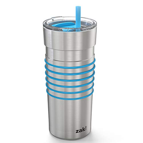 Book Cover Zak Designs HydraTrak 20 oz Vacuum Insulated Tumbler 18/8 Stainless Steel Water Bottle with Straw and Silicone Bands Tracks Your Water Intake, Travel Tumbler Splash Proof Lid (Silver with Blue)