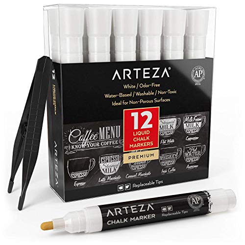 Book Cover ARTEZA Liquid Chalk Markers Set of 12 (White Color, 12 Replaceable Chisel Tips, 1 pc Tweezers) - Washable - Water-Based - White Liquid Chalkboard Markers