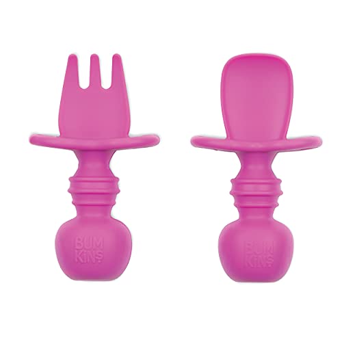 Book Cover Bumkins Utensils, Silicone Chewtensils, Baby Fork and Spoon Set, Training Utensils, Baby Led Weaning Stage 1 for Ages 6 Months+ in Fuchsia