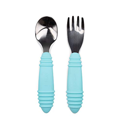 Book Cover Bumkins Baby Fork and Spoon Set, Toddler Silverware, Self Feeding, Silicone and Stainless Steel - Jade