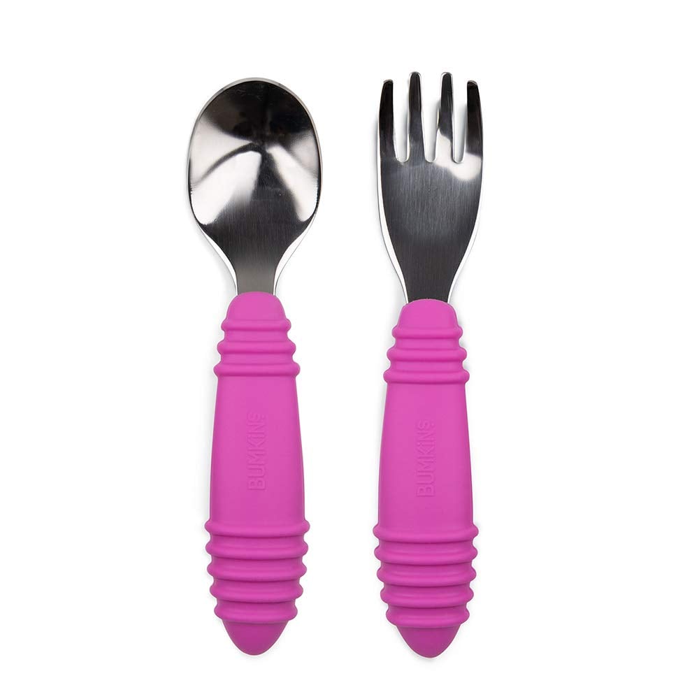 Book Cover Bumkins Toddler Utensils, Kids Fork and Spoon Set, Silicone and Stainless-Steel Silverware, Angled Forks / Sporks for Self-Feeding, Childrens Training Flatware Cutlery Toddler Bumkins Fuchsia-SFT