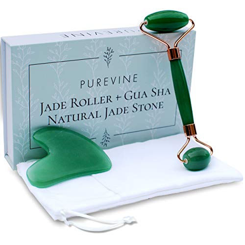 Book Cover Jade Roller for Face and Gua Sha Scraping Tool Kit with Carry Pouch - Natural Stone Anti Aging Beauty Facial Massage Set - Beautiful Skin Detox Helps Reduce Wrinkles, Puffy Eyes, Fine Lines