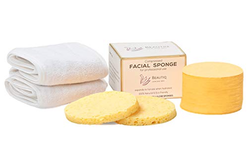 Book Cover Facial Sponges (50 Count) and 2 Bonus Spa Headbands | 100% Natural Beautiq Compressed Cellulose Face Sponges | Great for Cleansing, Gentle Exfoliating and Removing Makeup
