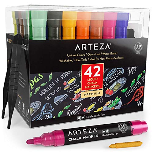 Book Cover ARTEZA Liquid Chalk Markers, Water-Based 42-Color Pack with 50 Chalkboard Labels and Replaceable Tips for Kids, Adults, Bistros & Restaurants