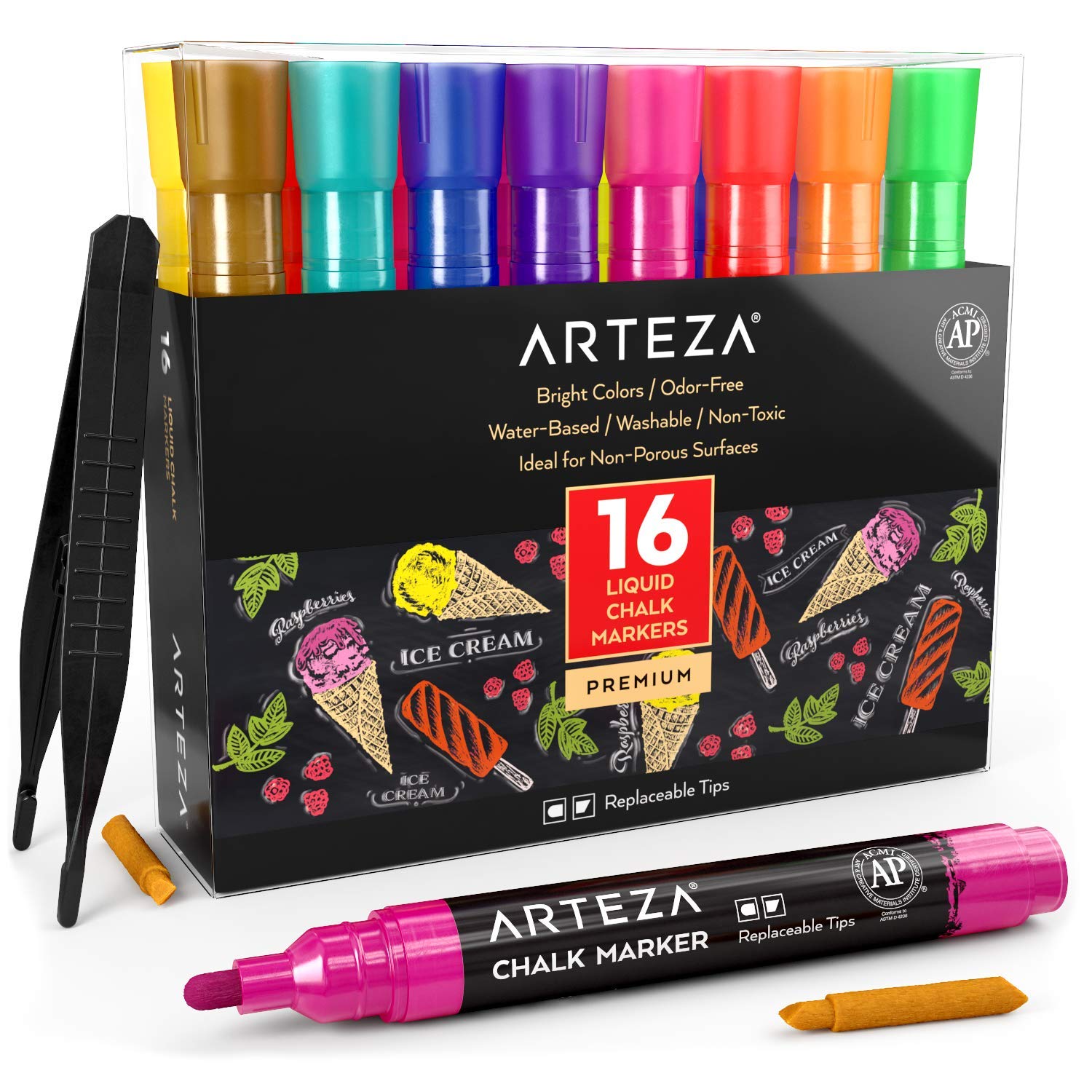Book Cover ARTEZA Liquid Chalk Markers, Set of 16 Bright Colors, for Blackboard, Whiteboard, Windows, Mirrors & Glass, Fine Tip Chalkboard Pens, Office Supplies