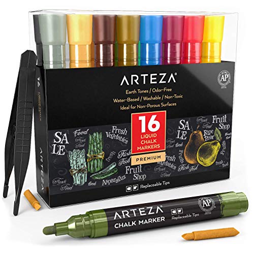 Book Cover ARTEZA Liquid Chalk Marker Set of 16 (16 Pastel Colors, 16 Replaceable Chisel Tips, 1 pc Tweezers, 50 Labels, 2 Sticky Stencils) - Water Based - Erasable - for Chalkboard and Multi Surface Use