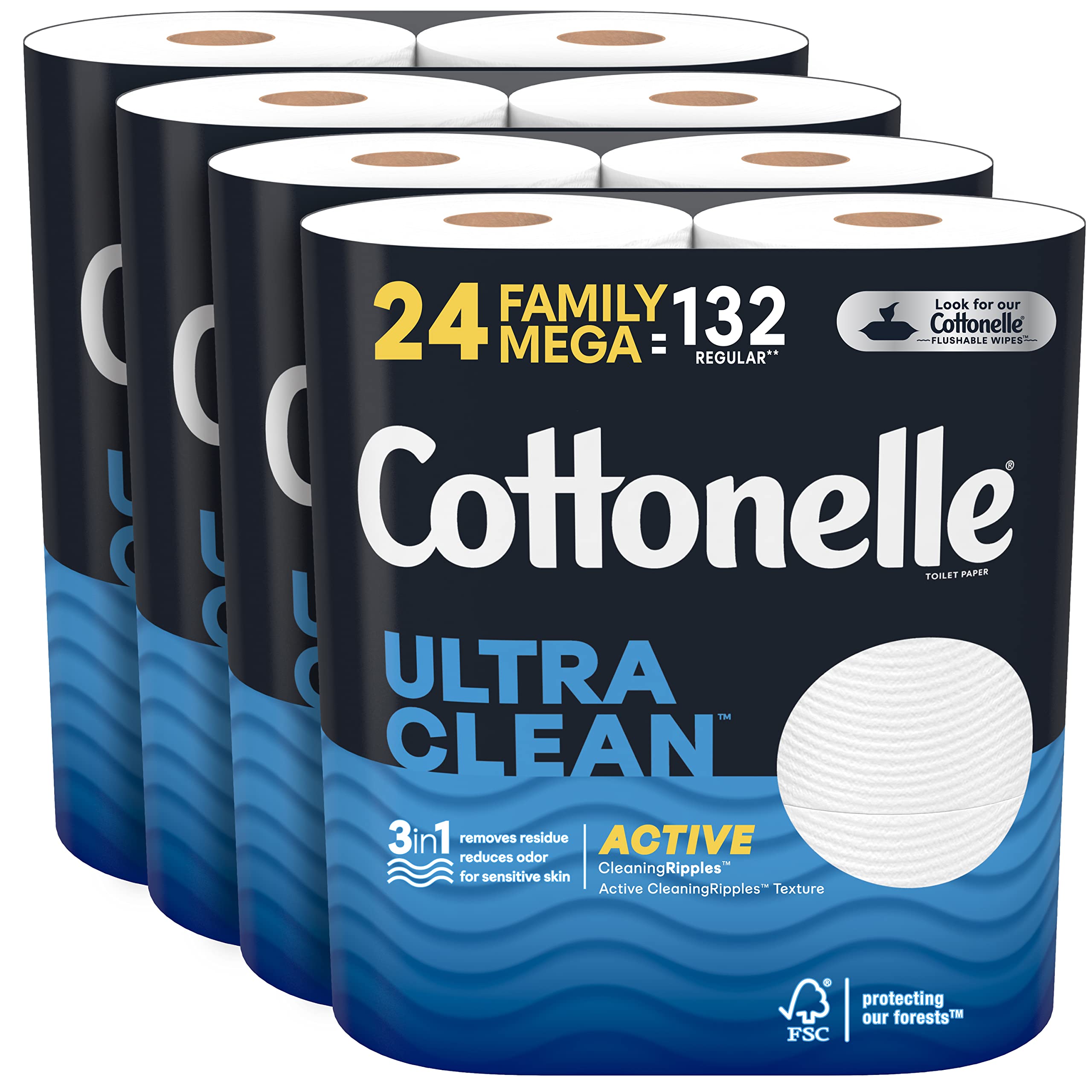 Book Cover Cottonelle Ultra Clean Toilet Paper with Active CleaningRipples Texture, Strong Bath Tissue, 24 Family Mega Rolls (24 Family Mega Rolls = 132 Regular Rolls) (4 Packs of 6), 388 Sheets per Roll 6 Count (Pack of 4) Toilet Paper