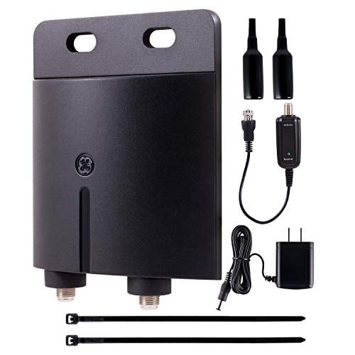 Book Cover GE Outdoor TV Antenna Amplifier Low Noise Antenna Signal Booster Clears Up Pixelated Low-Strength Channels HD TV Digital VHF UHF Mounting Hardware Included Coax Connections Black 42179