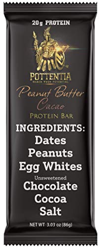 Book Cover Pottentia Whole Food Meal Replacement Protein Bar, 20 Grams Protein, Peanut Butter Cacao, Dairy Free, Egg White, Gluten Free, 6 Ingredients, 8 Large 86 Gram Bars, High Fiber, No GMO, No Soy