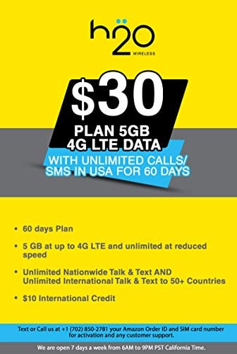 Book Cover USA Prepaid SIM Card H20 $30 Plan 5GB 4G LTE Data with Unlimited Calls/SMS in USA for 60 Days