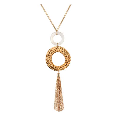 Book Cover Urwomin Tassel Pendant Necklace Handmade Straw Wicker Braid Statement Pendant Y-Shaped Long Chain Necklace for Women
