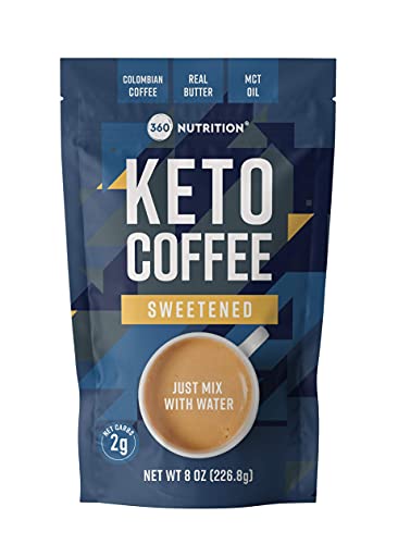 Book Cover 360 Nutrition Instant Keto Coffee with MCT Oil, Coconut Oil, Sweetened, Gluten Free, Low Carb, Colombian Coffee for Keto Diet with 2g Net Carbs, Real Butter, No Added Sugar, 45 Servings, 8 oz
