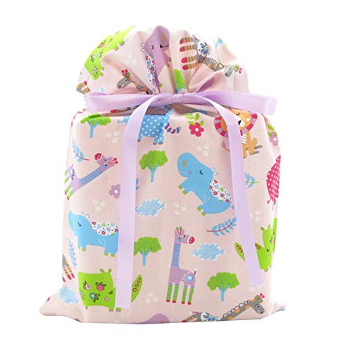 Book Cover Jungle Animals Reusable Fabric Gift Bag for Baby Shower or Child's Birthday (Standard 10 Inches Wide by 15 Inches High, Pink)