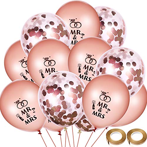 Book Cover Chinco 40 Pieces Wedding Balloons Rose Gold Mr Mrs Balloons Confetti Balloon with 2 Rolls Balloon Ribbons for Wedding Anniversary Engagement Party Decor